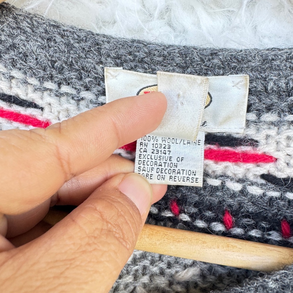 Talbots Small Hand Knit Wool Fair Isle Cardigan Sweater Gray Red Grannycore VTG - Picture 4 of 8